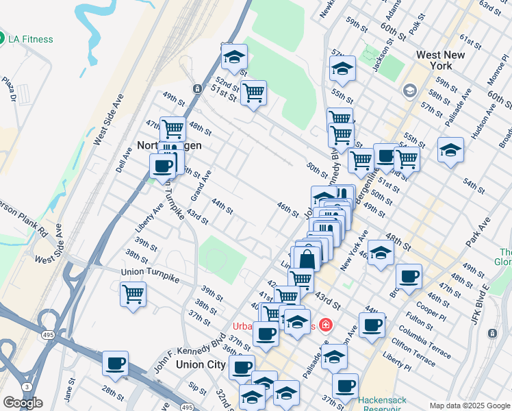 map of restaurants, bars, coffee shops, grocery stores, and more near 1223 46th Street in North Bergen