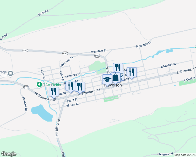 map of restaurants, bars, coffee shops, grocery stores, and more near 601 West Market Street in Trevorton