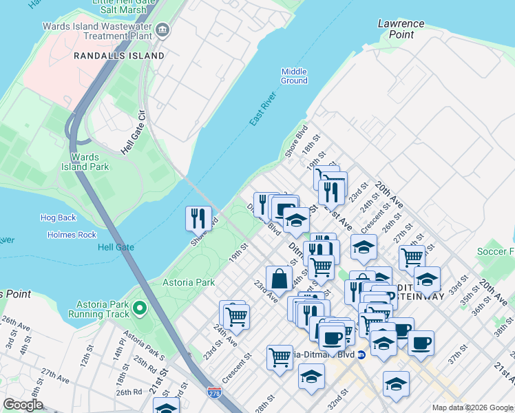 map of restaurants, bars, coffee shops, grocery stores, and more near 18-37 Ditmars Boulevard in Queens