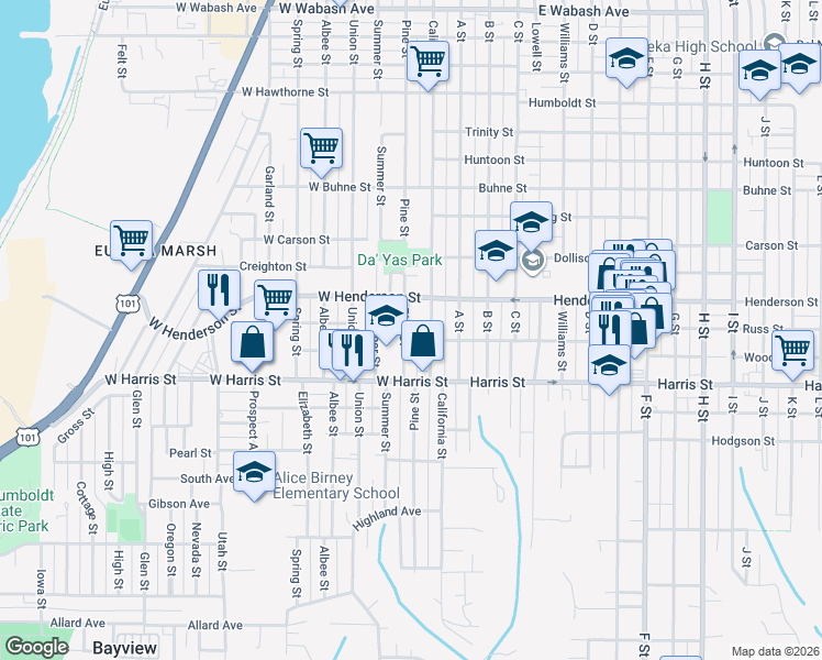 map of restaurants, bars, coffee shops, grocery stores, and more near 2903 Pine Street in Eureka
