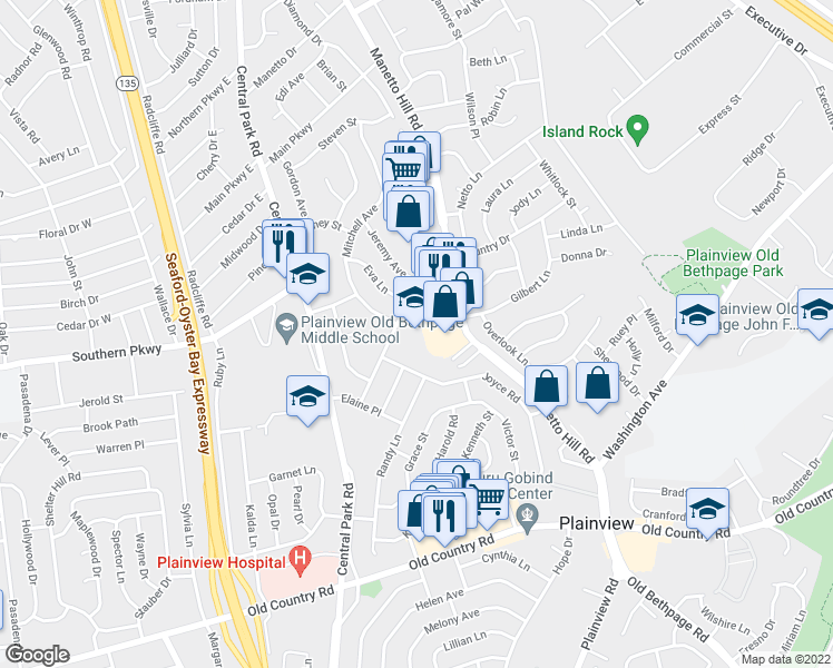 map of restaurants, bars, coffee shops, grocery stores, and more near 25 Country Dr in Plainview