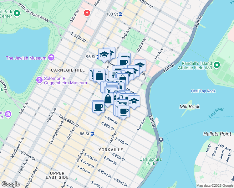 map of restaurants, bars, coffee shops, grocery stores, and more near 300 East 93rd Street in New York