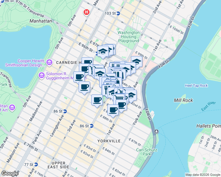 map of restaurants, bars, coffee shops, grocery stores, and more near 1769 2nd Avenue in New York