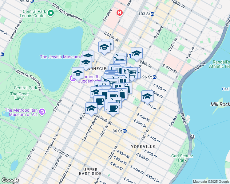 map of restaurants, bars, coffee shops, grocery stores, and more near 155 East 90th Street in New York