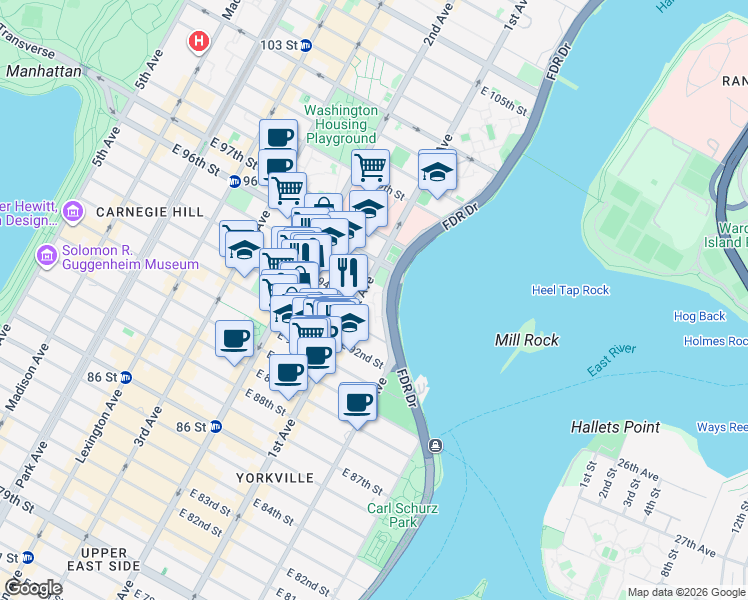 map of restaurants, bars, coffee shops, grocery stores, and more near 1830 1st Avenue in New York
