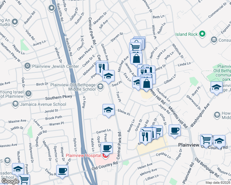 map of restaurants, bars, coffee shops, grocery stores, and more near 25 Toni Place in Plainview