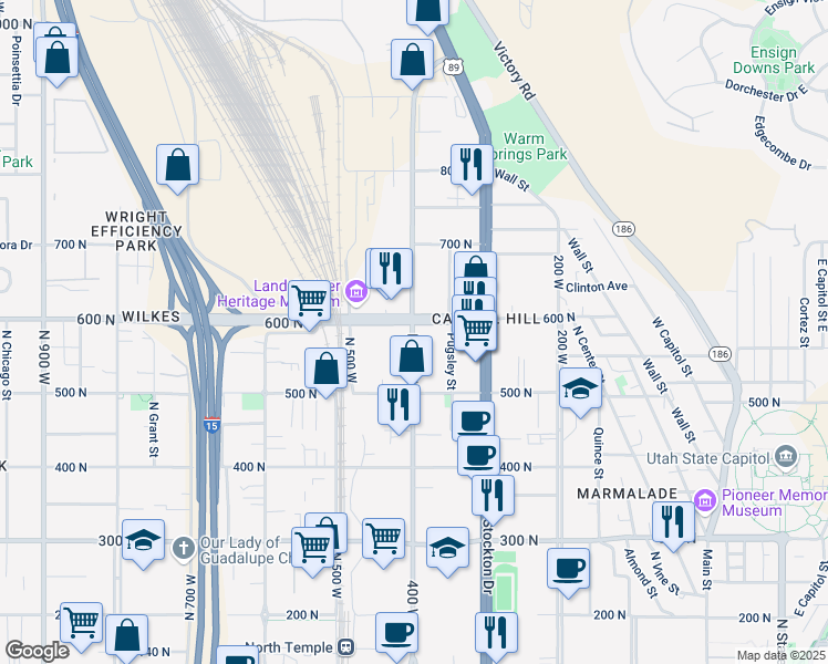 map of restaurants, bars, coffee shops, grocery stores, and more near 585 North 400 West in Salt Lake City