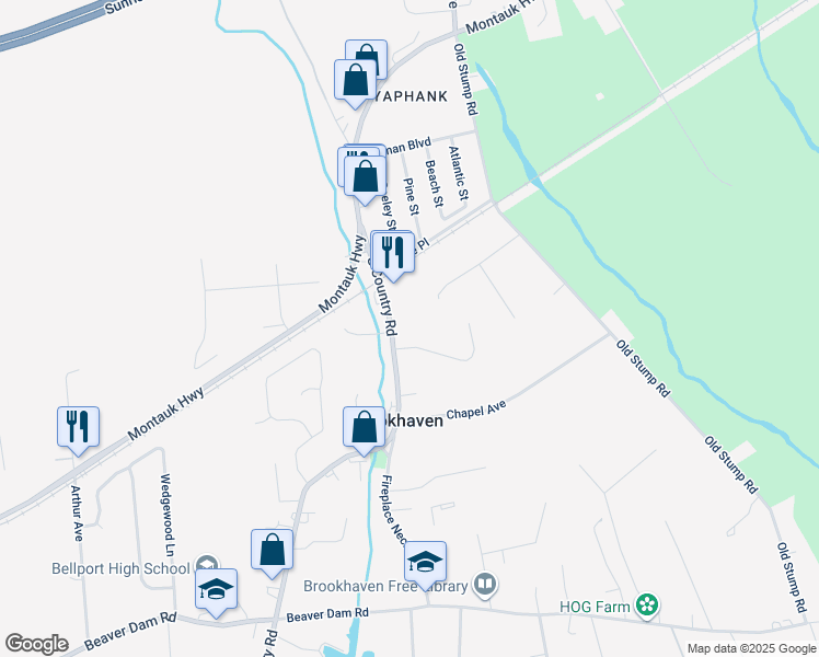 map of restaurants, bars, coffee shops, grocery stores, and more near 406 South Country Road in Brookhaven