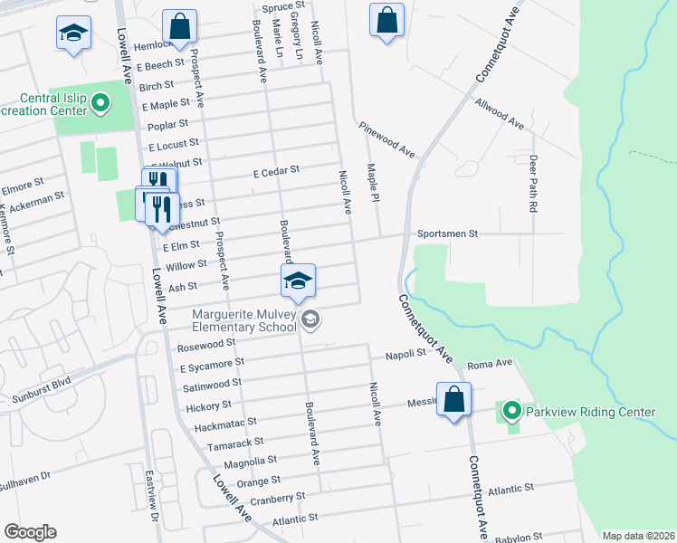 map of restaurants, bars, coffee shops, grocery stores, and more near 56 Ash Street in Central Islip