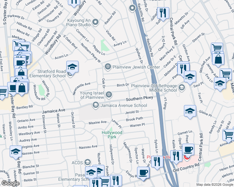 map of restaurants, bars, coffee shops, grocery stores, and more near 92 Cedar Drive West in Plainview
