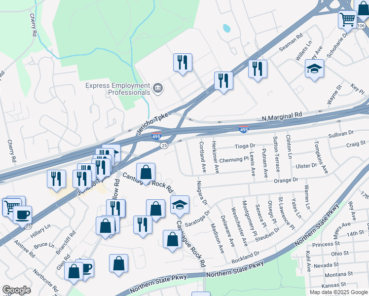 map of restaurants, bars, coffee shops, grocery stores, and more near 17 Livingston Avenue in Jericho