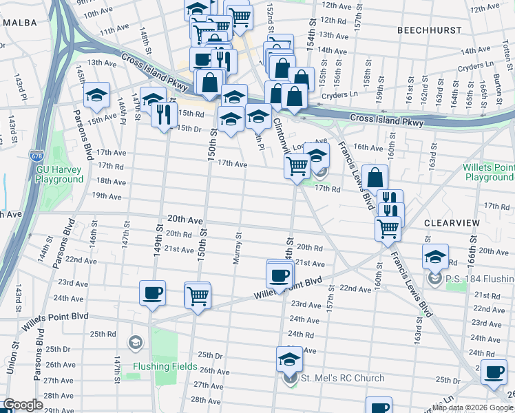 map of restaurants, bars, coffee shops, grocery stores, and more near 151-35 19th Avenue in Queens