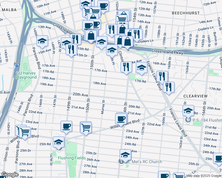 map of restaurants, bars, coffee shops, grocery stores, and more near 151-35 19th Avenue in Queens