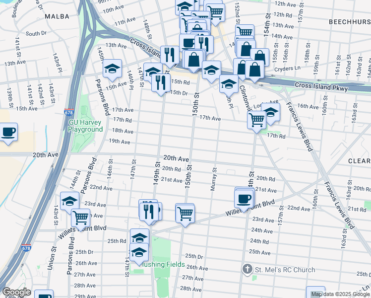 map of restaurants, bars, coffee shops, grocery stores, and more near 149-48 19th Avenue in Queens