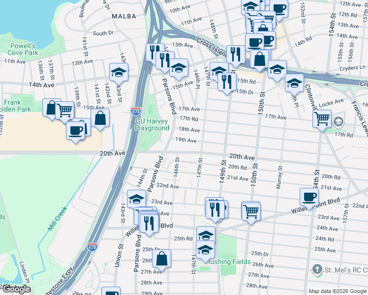 map of restaurants, bars, coffee shops, grocery stores, and more near 145-31 20th Avenue in Queens