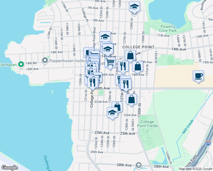 map of restaurants, bars, coffee shops, grocery stores, and more near 18-40 125th Street in Queens