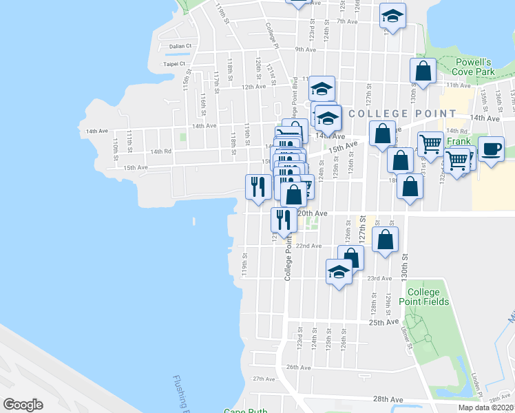 map of restaurants, bars, coffee shops, grocery stores, and more near 18-42 120th Street in Queens