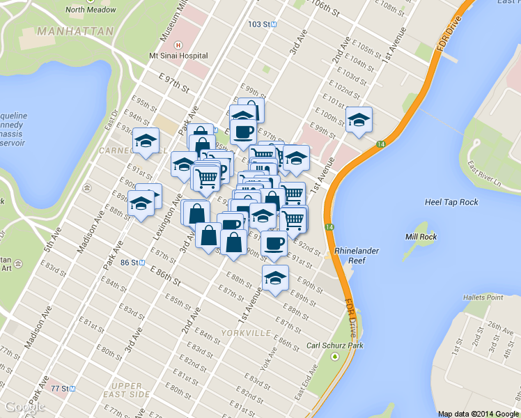 map of restaurants, bars, coffee shops, grocery stores, and more near in New York