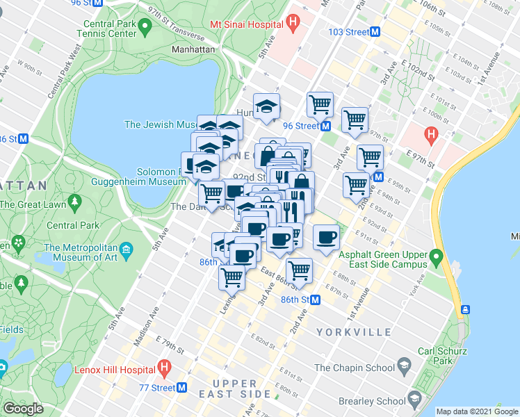 map of restaurants, bars, coffee shops, grocery stores, and more near in New York