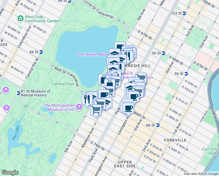 map of restaurants, bars, coffee shops, grocery stores, and more near 11 East 87th Street in New York