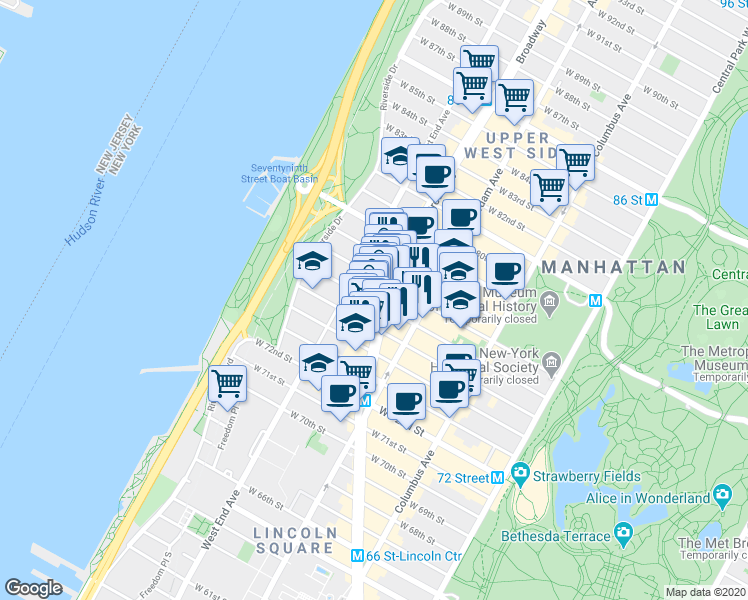 map of restaurants, bars, coffee shops, grocery stores, and more near in New York