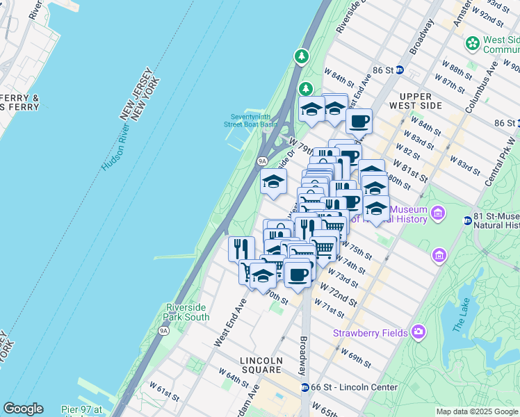 map of restaurants, bars, coffee shops, grocery stores, and more near 23 Riverside Drive in New York