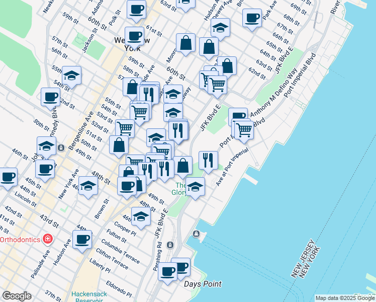 map of restaurants, bars, coffee shops, grocery stores, and more near 5404 Park Avenue in West New York
