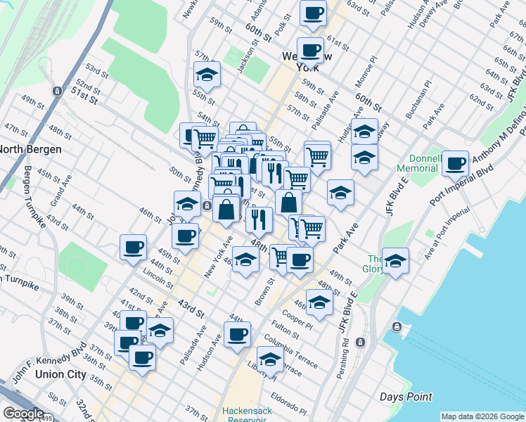 map of restaurants, bars, coffee shops, grocery stores, and more near 402 50th Street in West New York