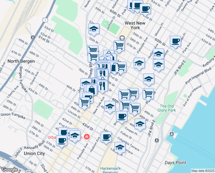 map of restaurants, bars, coffee shops, grocery stores, and more near 328 49th Street in Union City