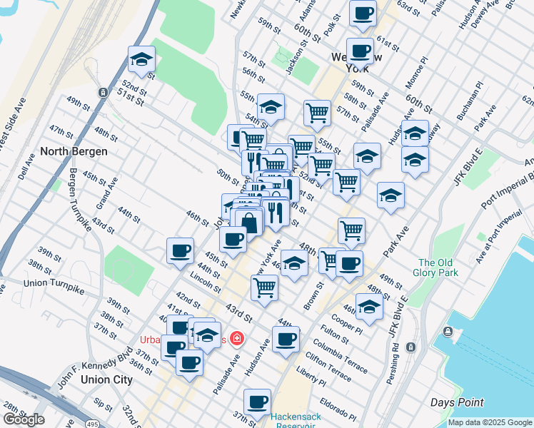 map of restaurants, bars, coffee shops, grocery stores, and more near 4811 Bergenline Avenue in Union City