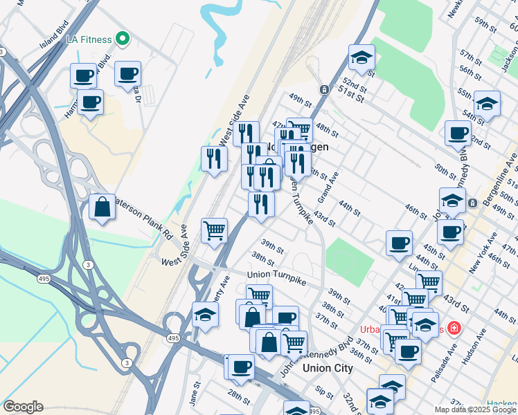 map of restaurants, bars, coffee shops, grocery stores, and more near 1728 41st Street in North Bergen