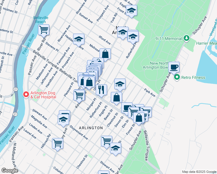 map of restaurants, bars, coffee shops, grocery stores, and more near 34 Morgan Place in North Arlington