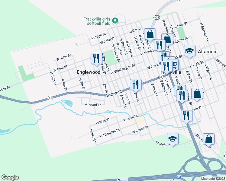 map of restaurants, bars, coffee shops, grocery stores, and more near 33 South 4th Street in Frackville