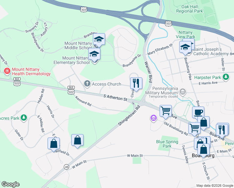 map of restaurants, bars, coffee shops, grocery stores, and more near 3747 South Atherton Street in State College