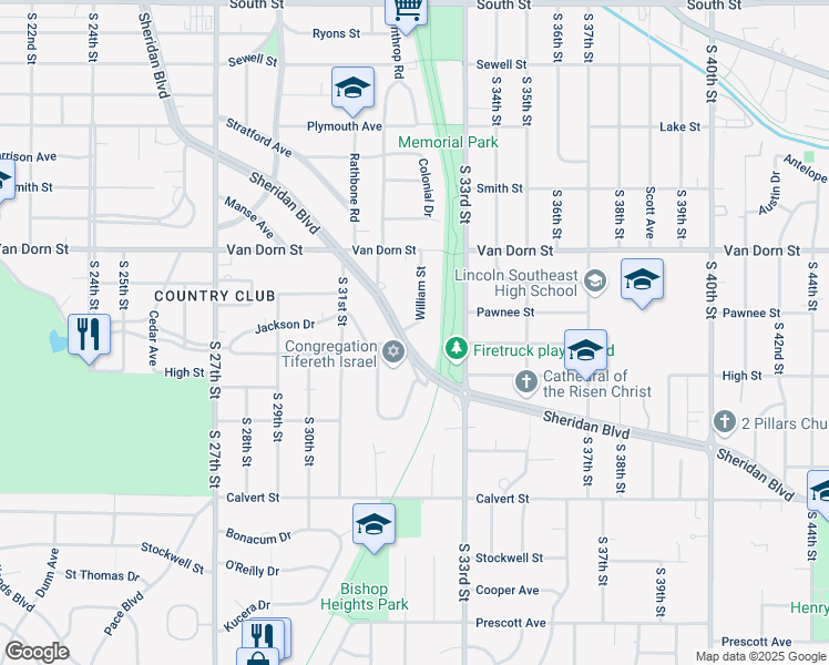 map of restaurants, bars, coffee shops, grocery stores, and more near 3200 Sheridan Boulevard in Lincoln