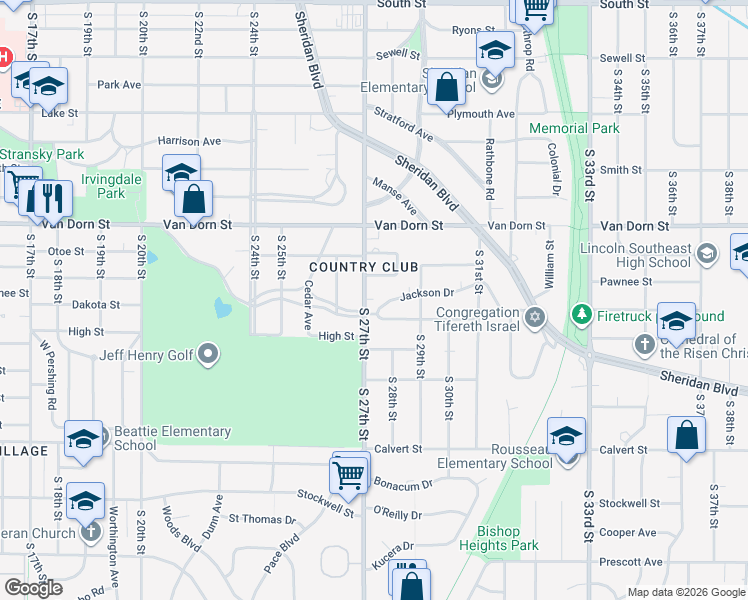 map of restaurants, bars, coffee shops, grocery stores, and more near 3021 South 27th Street in Lincoln