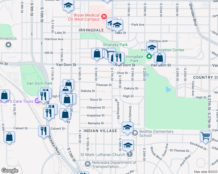 map of restaurants, bars, coffee shops, grocery stores, and more near 1671 Pawnee Street in Lincoln