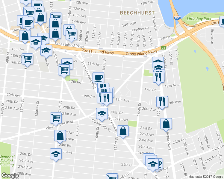 map of restaurants, bars, coffee shops, grocery stores, and more near 16071F Willets Point Boulevard in Queens