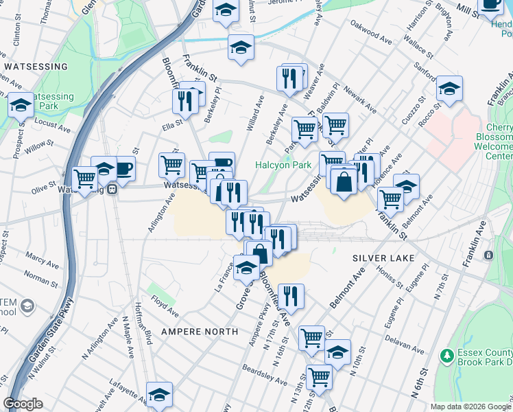 map of restaurants, bars, coffee shops, grocery stores, and more near 175 Watsessing Avenue in Bloomfield