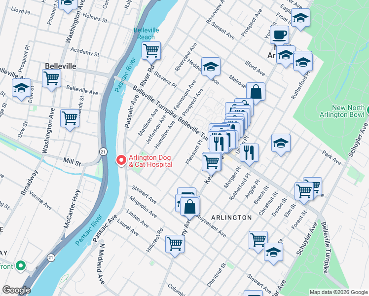 map of restaurants, bars, coffee shops, grocery stores, and more near 20 Clinton Ave in Kearny