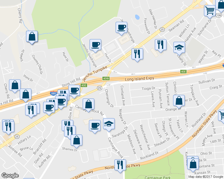 map of restaurants, bars, coffee shops, grocery stores, and more near 17 Livingston Avenue in Jericho