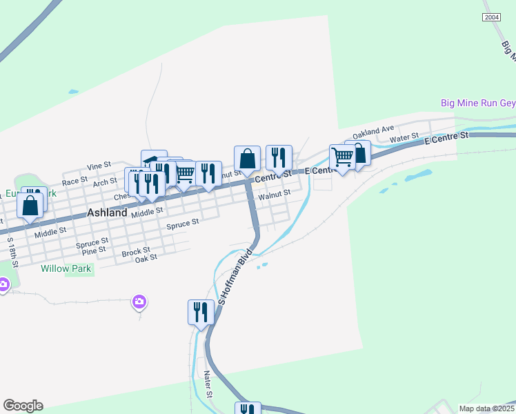 map of restaurants, bars, coffee shops, grocery stores, and more near 117 South Hoffman Boulevard in Ashland