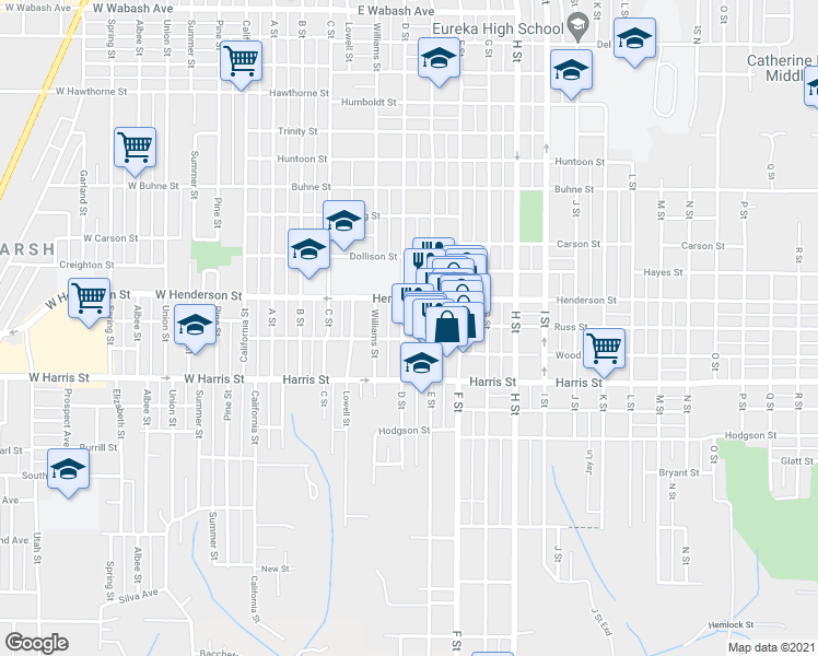 map of restaurants, bars, coffee shops, grocery stores, and more near 2851 D Street in Eureka