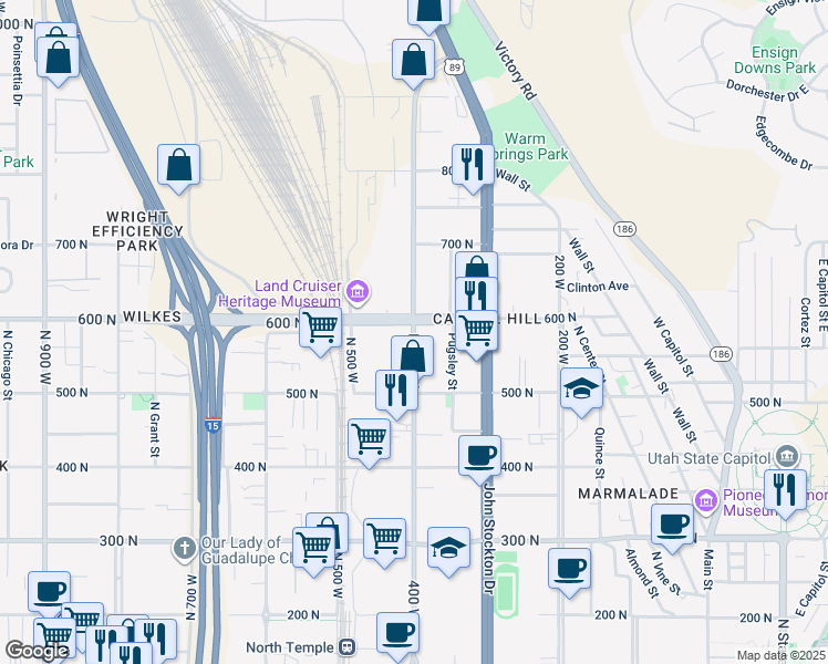 map of restaurants, bars, coffee shops, grocery stores, and more near 585 North 400 West in Salt Lake City