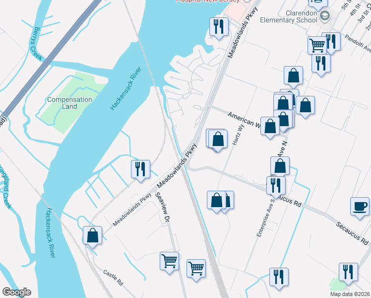 map of restaurants, bars, coffee shops, grocery stores, and more near 58 Harmon Cove Tower in Secaucus
