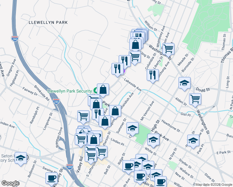 map of restaurants, bars, coffee shops, grocery stores, and more near 33 Ashland Avenue in West Orange