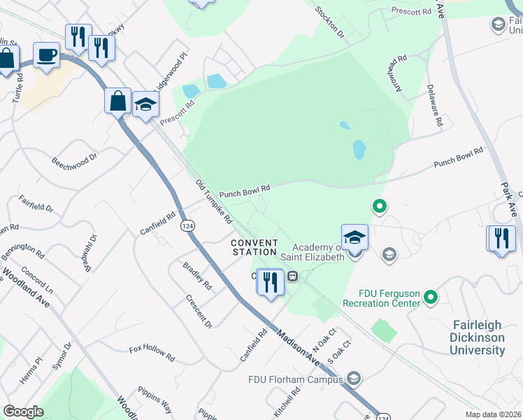 map of restaurants, bars, coffee shops, grocery stores, and more near 6 Northbridge Place in Morristown