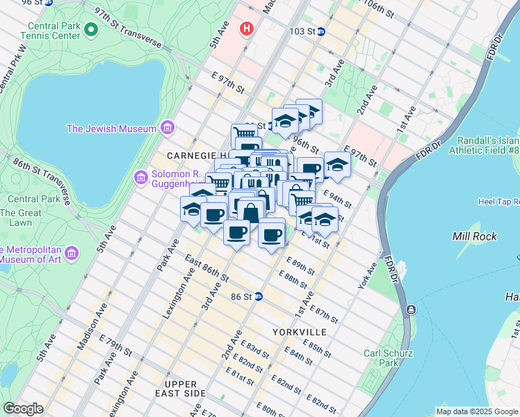 map of restaurants, bars, coffee shops, grocery stores, and more near 200 East 91st Street in New York