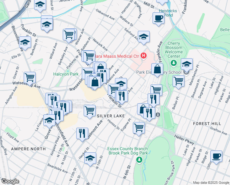 map of restaurants, bars, coffee shops, grocery stores, and more near 19 Magnolia Street in Belleville