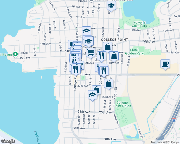 map of restaurants, bars, coffee shops, grocery stores, and more near 18-40 125th Street in Queens